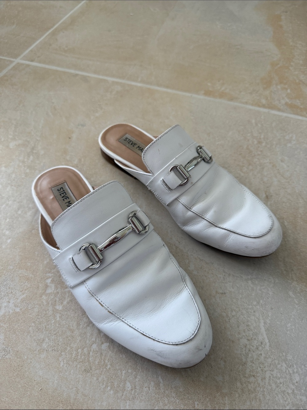 Steve Madden White Leather Slip-On Mules with Silver Hardware